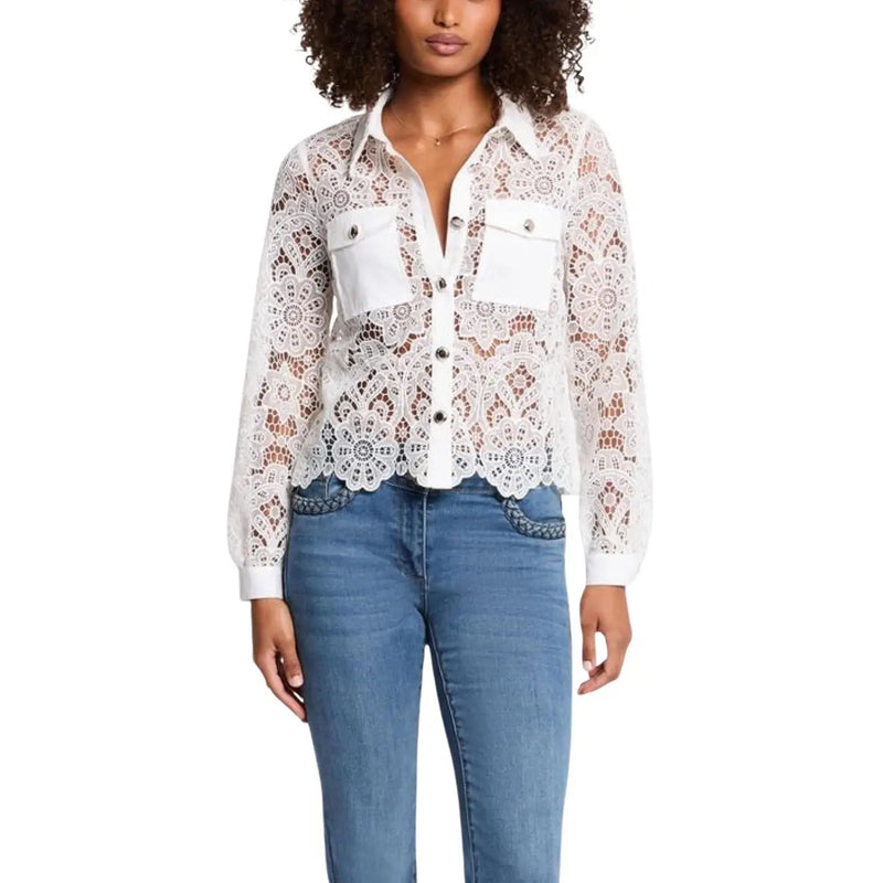Morgan de toi women white long sleeve polyester shirt with floral lace patterns and solid white chest pockets