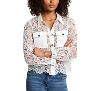 Morgan De Toi women white long sleeve polyester shirt with white lace floral patterns and solid chest pockets