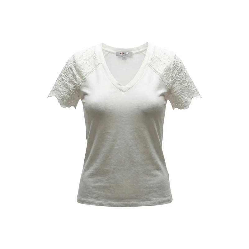 Morgan De Toi women white v neck cotton t shirt with delicate lace short sleeves and subtle brand tag at neckline