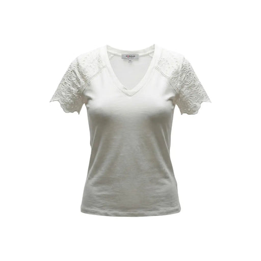 Morgan De Toi T-shirt blanc en coton à col en V pour femme, manches courtes en dentelle délicate et étiquette de marque discrète au niveau du col.
