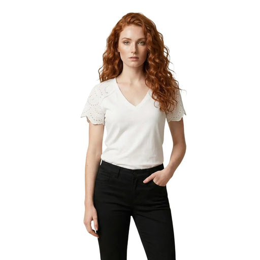 Morgan De Toi T-shirt blanc en coton à col en V pour femme, manches courtes et dentelle délicate, idéal pour une tenue décontractée.