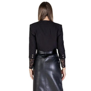 Morgan De Toi Gilet noir pour femme, style blazer, avec poignets en dentelle, boutons argentés et manches 3/4.