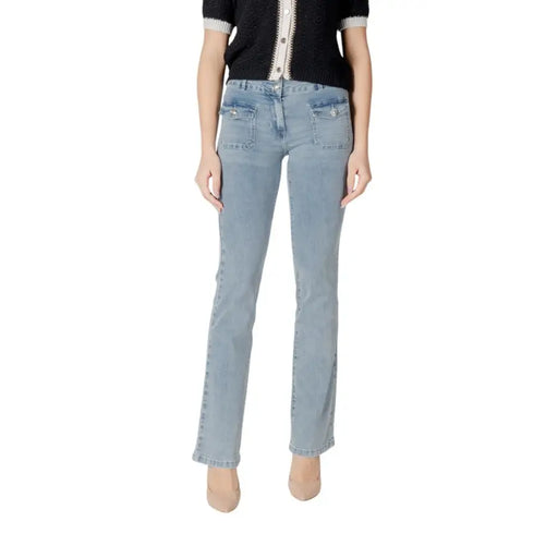 Morgan de toi women’s blue cotton jeans with light-wash denim, straight-leg cut, and classic front pockets for spring summer