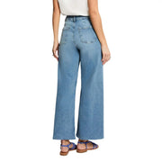 Vue arrière d'un jean Morgan pour femme en denim bleu coton, taille haute, jambes larges, avec poches classiques et effet usé.