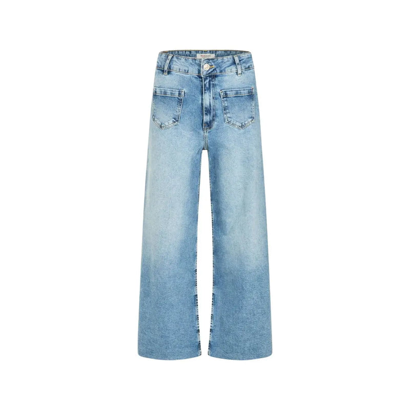 Jean Morgan pour femme en denim bleu coton clair, coupe large, cinq poches classiques et fermeture boutonnée