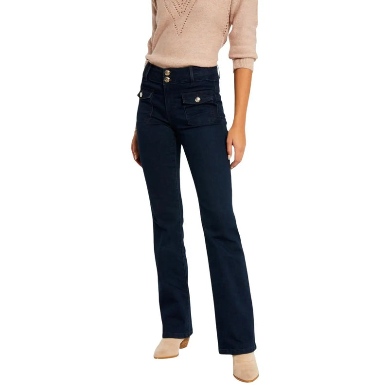 Pantalon évasé en denim bleu foncé de la marque Morgan pour femme, orné de boutons dorés et de poches à rabat en tissu mélangé de coton.
