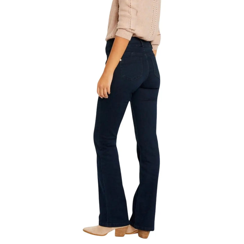 Jean évasé en denim bleu foncé, taille haute et poches arrière classiques, en mélange de coton bleu, par Morgan Femme