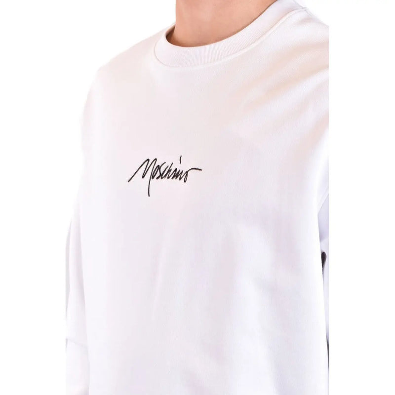 Sweat-shirt Moschino blanc pour homme, en coton, avec logo brodé noir sur la poitrine, col rond et imprimé.