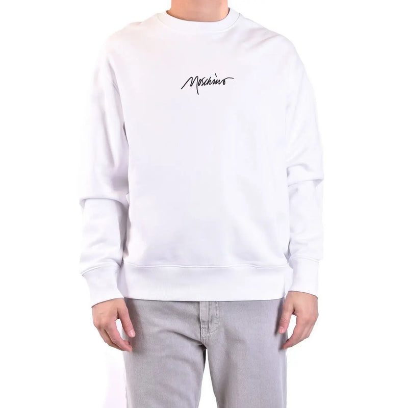 Sweat-shirt Moschino blanc pour homme, en coton, col rond et logo noir en écriture cursive brodé sur la poitrine