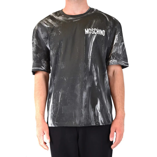 Noir Moschino hommes t-shirt vêtements décontractés en coton avec un motif abstrait brillant blanc et gris à coups de pinceau