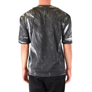 Moschino hommes t-shirt T-shirt noir à manches courtes orné d'un motif abstrait brillant à rayures blanches évoquant du film plastique
