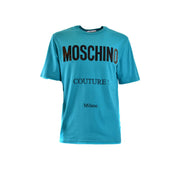 Turquoise Moschino men T-shirt made of cotton featuring bold black lettering and Milano print below the logo