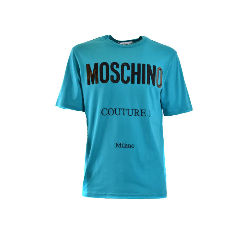 Turquoise Moschino men T-shirt made of cotton featuring bold black lettering and Milano print below the logo