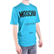 Turquoise Moschino men T-shirt with bold black Moschino couture lettering and Milano print on front side