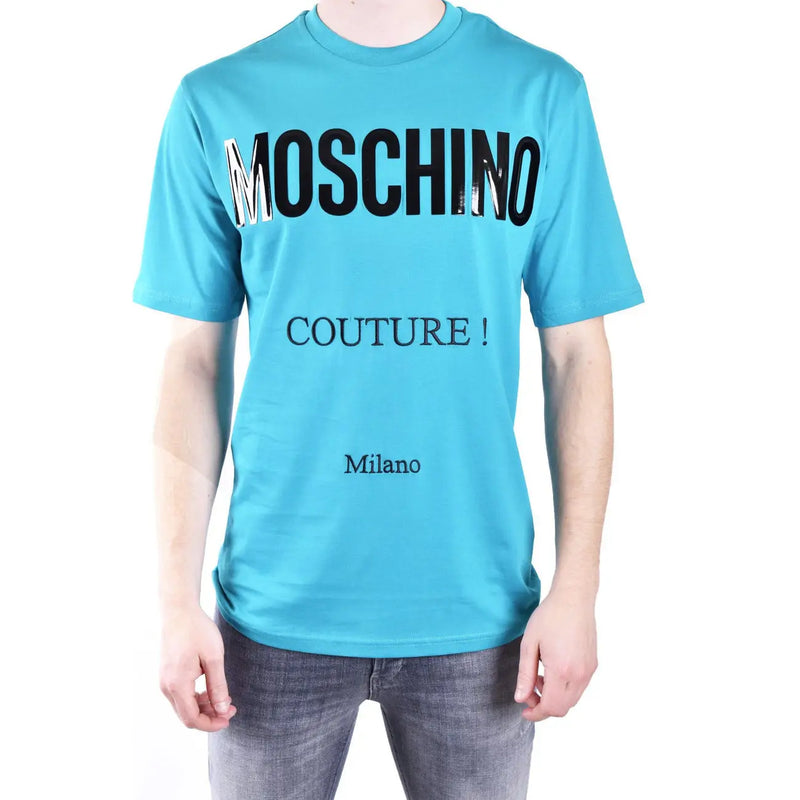 Turquoise Moschino men t-shirt featuring bold black lettering and Milano print on the front in cotton material