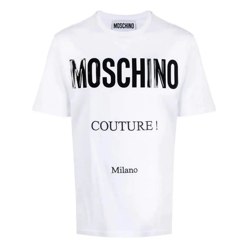 Blanc Moschino hommes t-shirt avec un noir métallisé audacieux Moschino lettrage et inscription plus petite « couture Milano » sur le devant