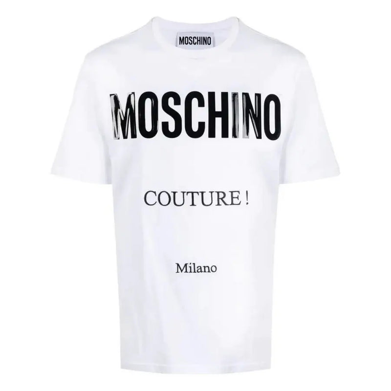 Blanc Moschino hommes t-shirt avec un noir métallisé audacieux Moschino lettrage et inscriptions plus petites « couture » et « Milano » sur le devant