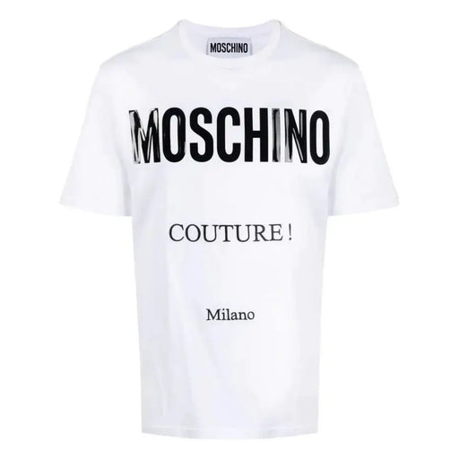 Blanc Moschino hommes t-shirt avec un noir métallisé audacieux Moschino lettrage et inscriptions plus petites « couture » et « Milano » sur le devant
