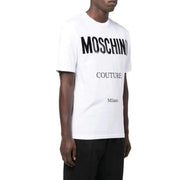 Blanc Moschino hommes t-shirt en coton avec un noir audacieux Moschino Inscription couture Milano sur le devant
