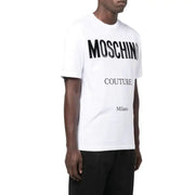 White cotton short sleeve T-shirt with Moschino Couture Milano print front view