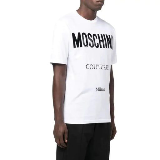 White cotton short sleeve T-shirt with Moschino Couture Milano print front view
