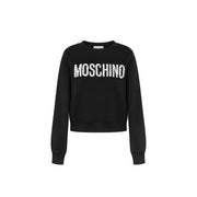 Black Moschino women cotton sweatshirt with round neck and bold white sequined Moschino logo across the chest