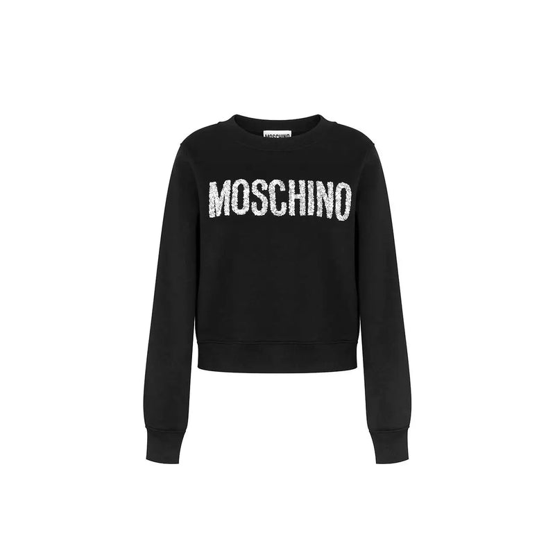 Black Moschino women cotton sweatshirt with round neck and bold white sequined Moschino logo across the chest