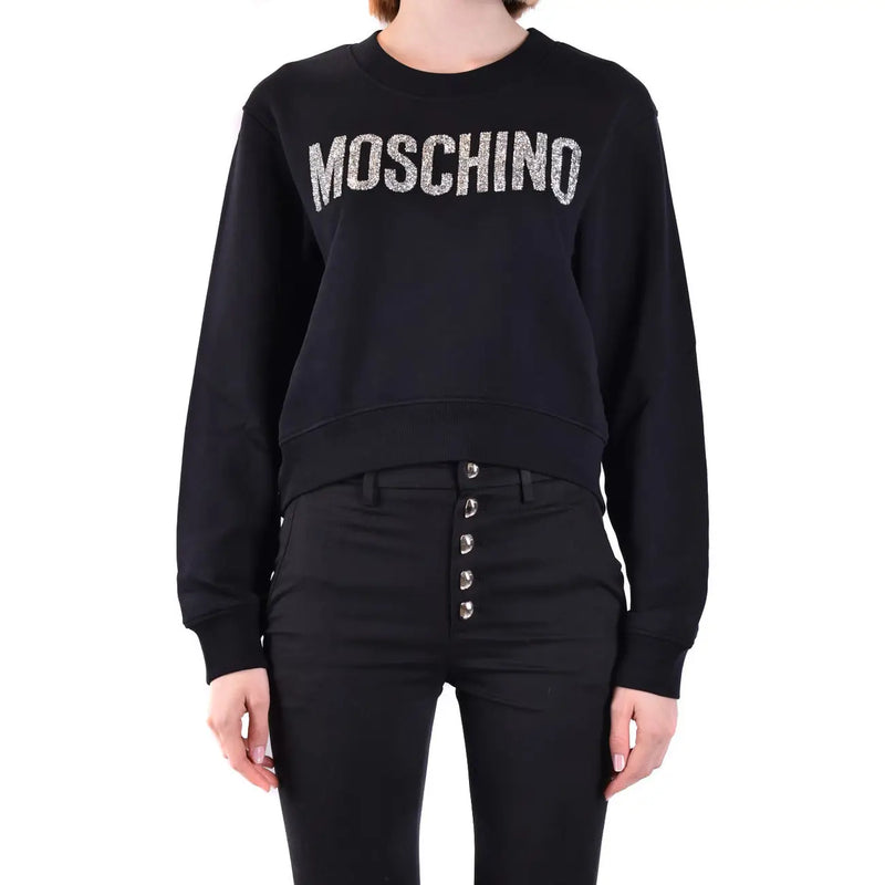 Black Moschino women cotton sweatshirt with round neck and sparkling silver lettering across the chest