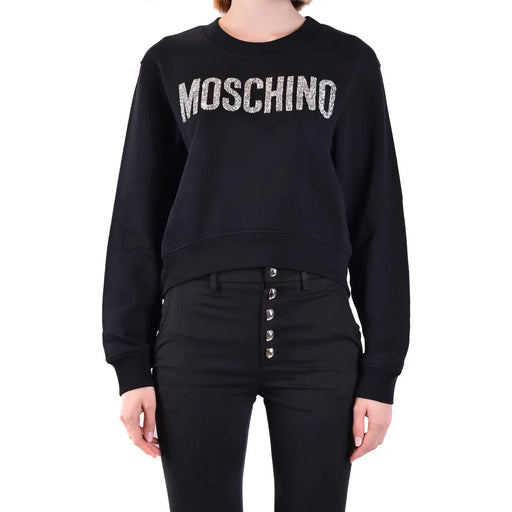 Noir Moschino Sweat-shirt en coton pour femme, col rond et inscription argentée scintillante sur la poitrine