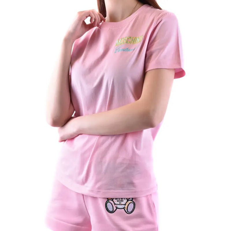 Pink Moschino cotton t-shirt with embroidered logo on chest