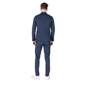 Men’s navy blue windowpane check cotton suit with low V neck and lapel collar