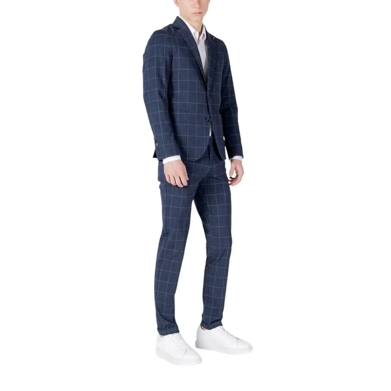 Navy blue plaid cotton suit with subtle grid pattern and slim tailored fit from Mulish men collection