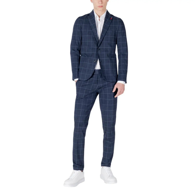Mulish men blue checked cotton suit slim fit long lapel navy blue plaid with thin white grid lines and red lapel logo