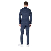 Mulish men blue checked cotton suit slim fit with navy blue plaid and white grid pattern long lapel