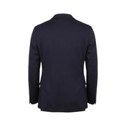 Mulish Costume homme en coton mélangé bleu léopard, composé d'une élégante veste de tailleur bleu marine à la texture subtile et au col en V.