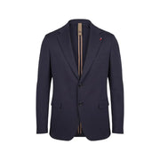 Mulish Veste de costume homme bleu en mélange de coton imprimé léopard, boutons noirs et doublure intérieure à rayures discrètes.