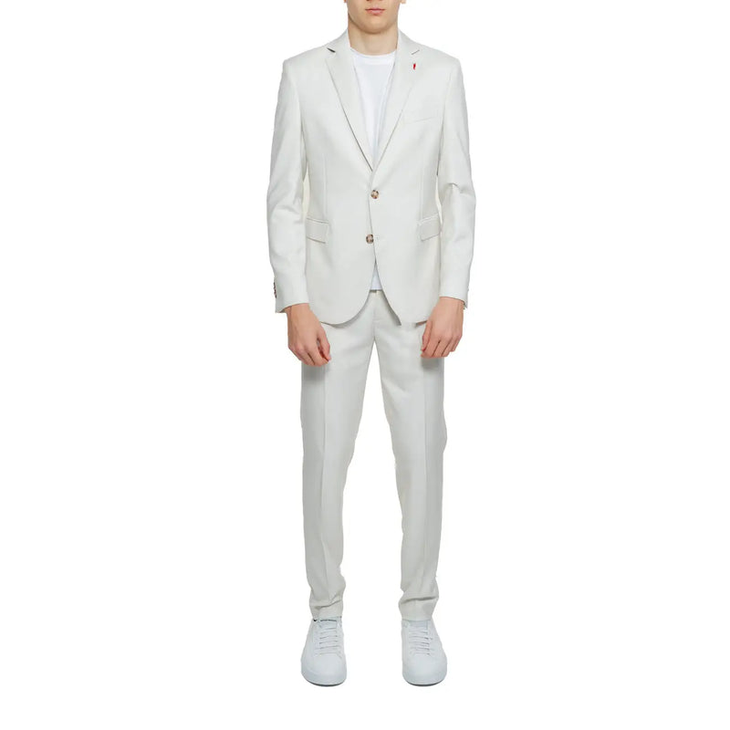 Mulish men suit beige slim fit polyester viscose blend crisp white two-piece suit with tailored fit and matching buttons