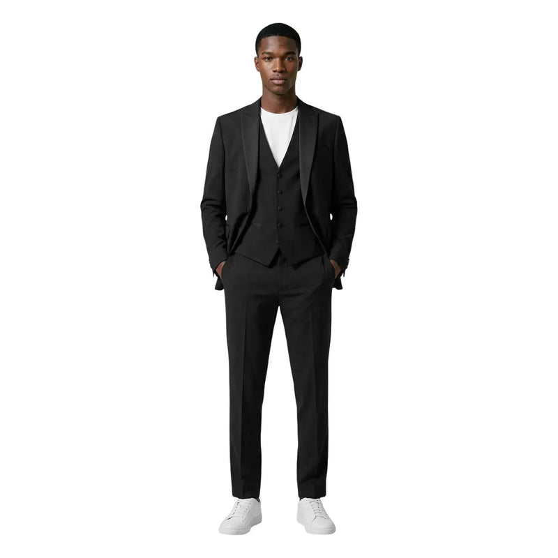 Mulish Costume homme noir slim fit en polyester viscose Monetraso, trois pièces sur mesure avec revers crantés et pantalon assorti