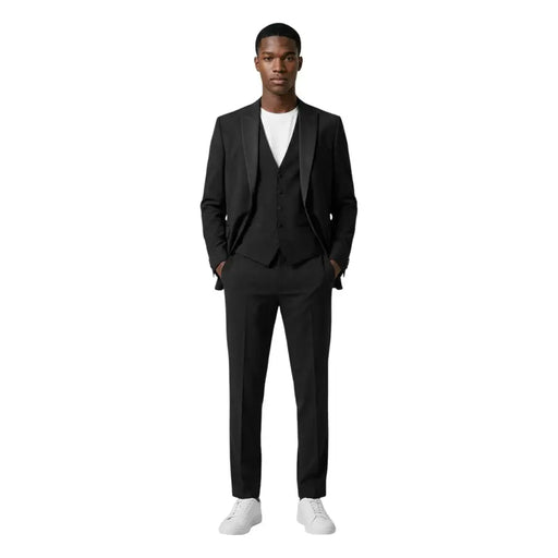 Mulish Costume homme noir slim fit en polyester viscose Monetraso, trois pièces sur mesure avec revers crantés et pantalon assorti