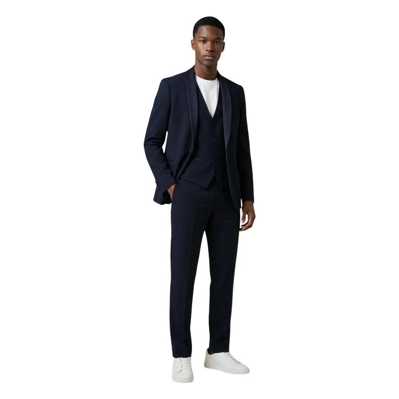 bleu marine mulish Costume trois pièces pour homme, coupe ajustée, en polyester viscose avec revers en satin, idéal pour les occasions formelles.