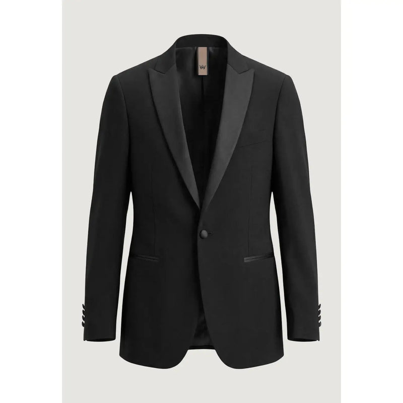 Mulish men suit black slim fit polyester viscose tuxedo jacket with satin lapels and matching buttonhole details
