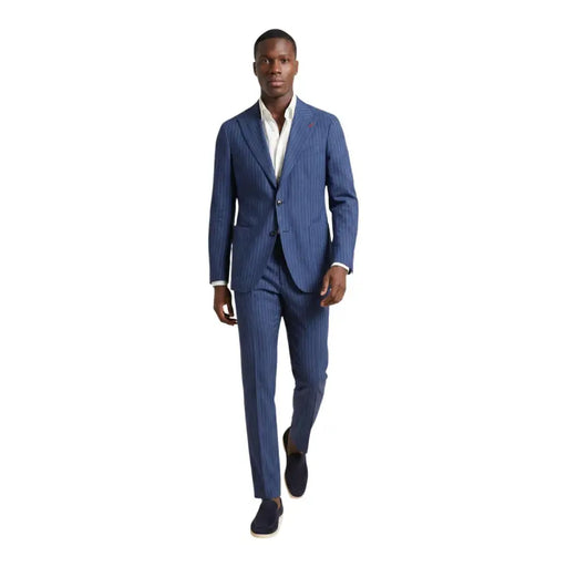 Un sur mesure mulish Costume homme bleu clair à fines rayures verticales en polyester carducci, coupe classique à deux boutons.