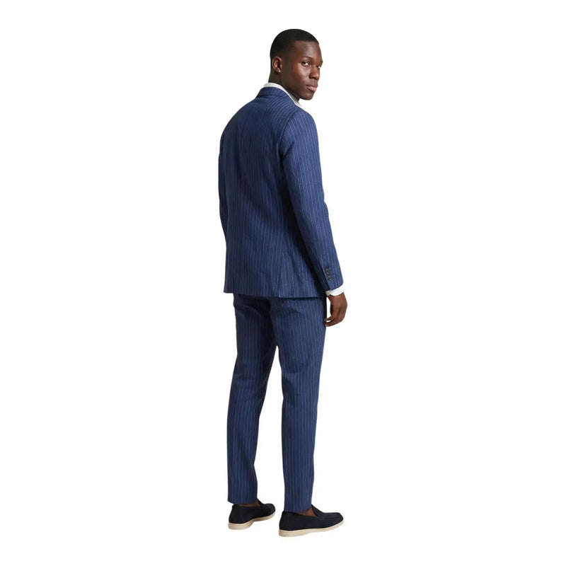 Mulish men suit light blue pinstripe polyester carducci features a tailored navy blue pinstripe suit with matching trousers