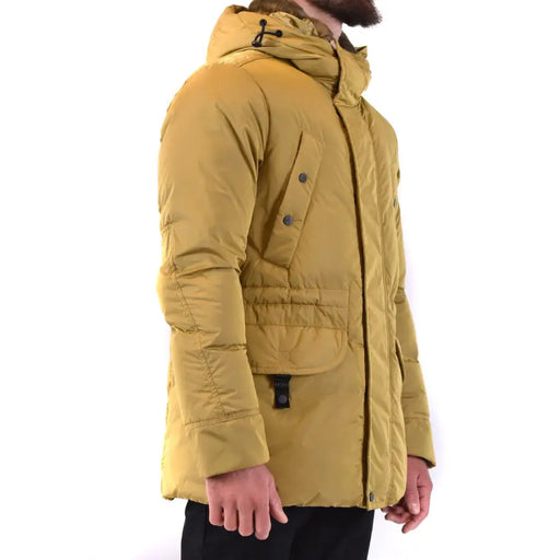 Mustard-colored hooded puffer coat displayed in the product Mustard Colored Hooded Puffer Coat