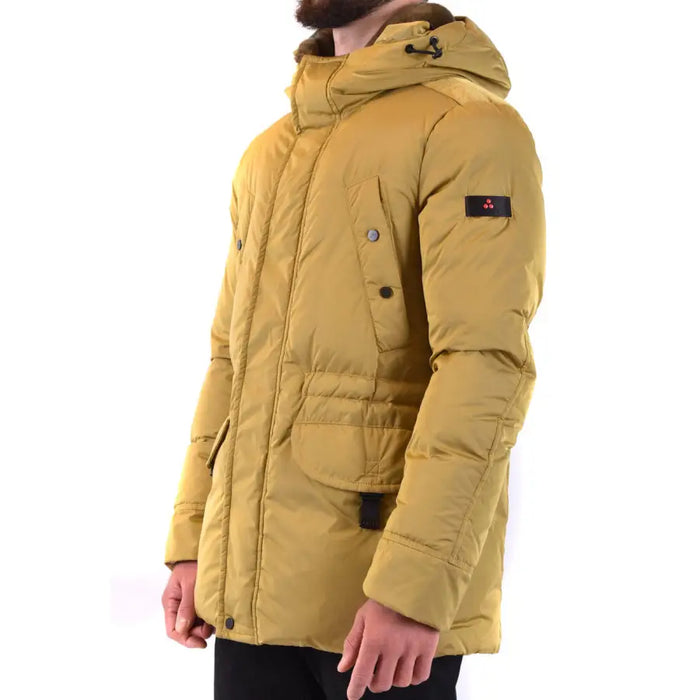 Mustard-colored hooded puffer coat displayed in the Mustard Colored Hooded Puffer Coat product image