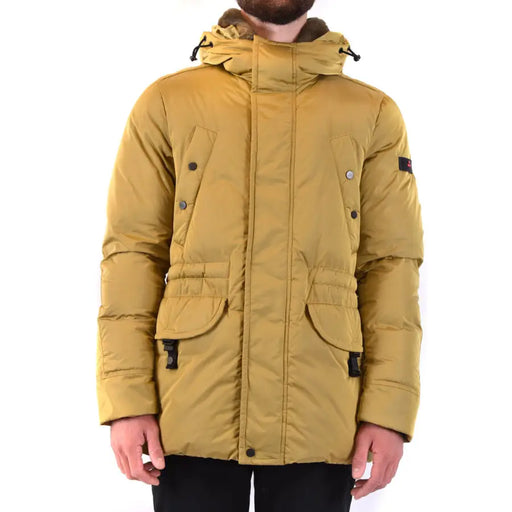 Mustard-colored hooded puffer coat displayed on a retail website