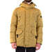 Mustard-colored hooded puffer coat displayed on a retail website