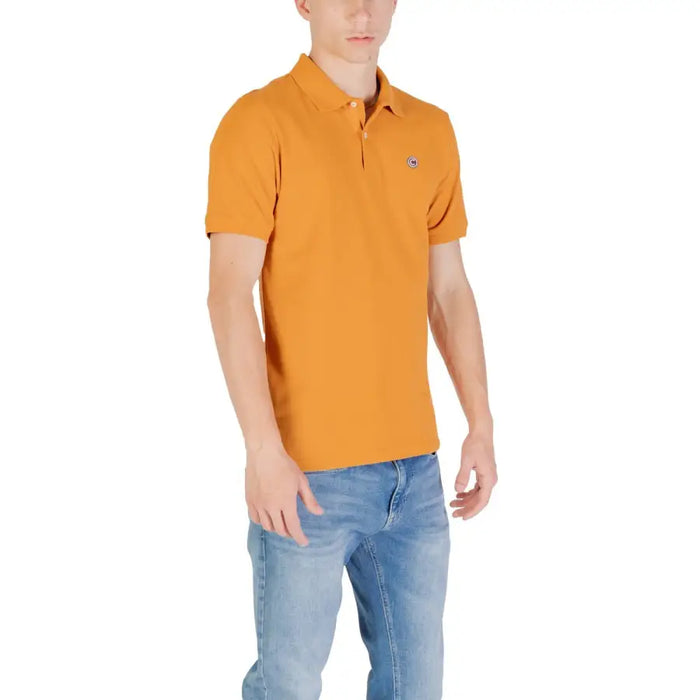 Mustard-colored short sleeve polo shirt displayed in the product listing