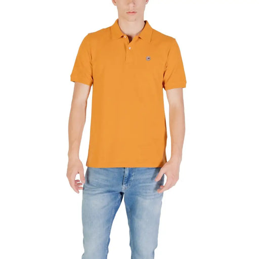 Mustard-colored short sleeve polo shirt displayed on a white background