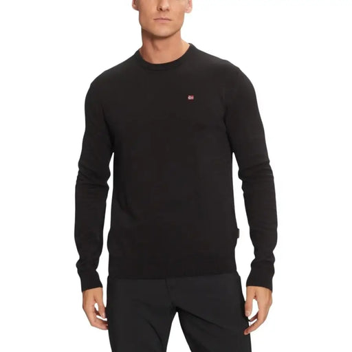 Black crew neck sweater with small logo on left chest, tommy hilfiger brand.